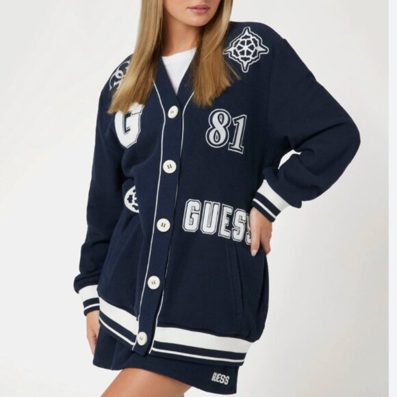NWT GUESS Eco 81 Patch Varsity Cardigan Navy Blue Oversized Patches Y2K XL - Picture 3 of 9